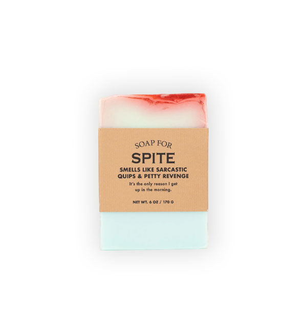 Bar of Soap for Spite (Smells Like Sarcastic Quips & Petty Revenge) is light green, white, and red and wrapped in brown paper with black lettering