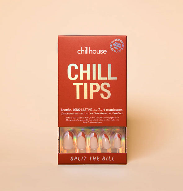 Brick red box of Chillhouse Chill Tips press-on nails in the style Split the Bill with half red, half lilac purple tips visible through packaging window