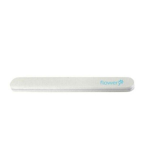Thick white nail file with blue Flowery logo on the right end