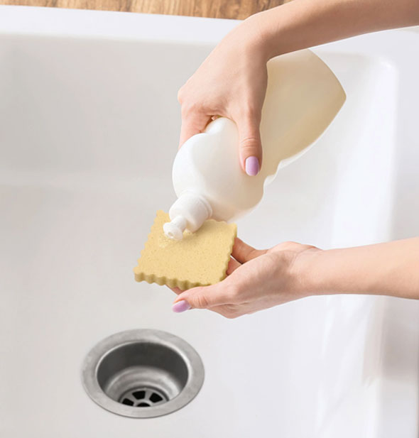 Model applies dish soap to the back of a Spongioli ravioli-shaped dish sponge over a sink basin