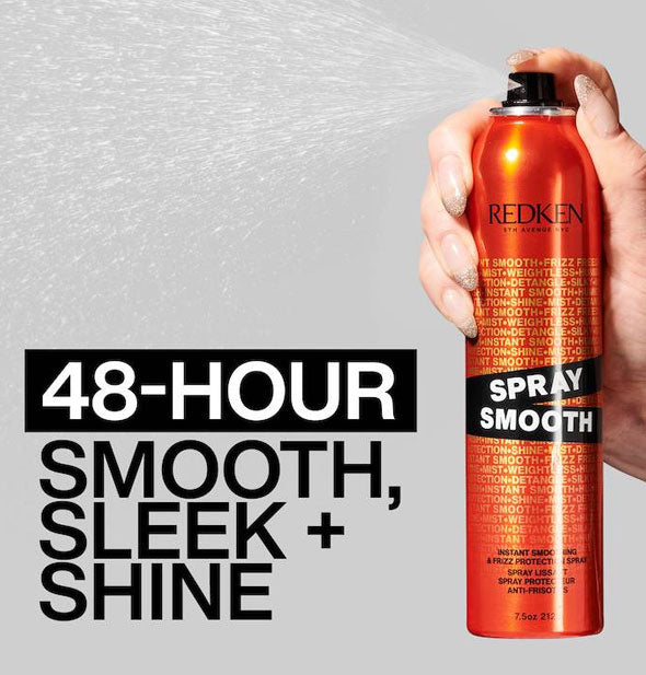 Model's hand dispenses a fine mist of Redken Spray Smooth above the label, "48-hour smooth, sleek + shine" in large print