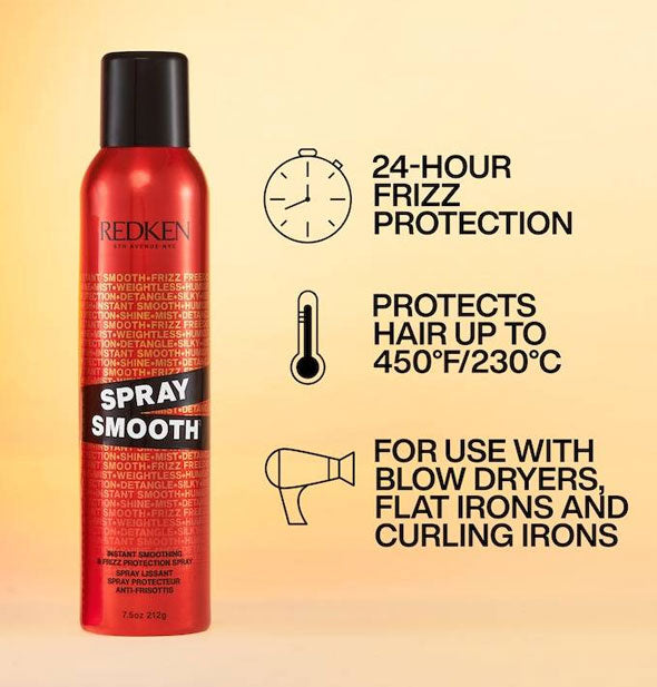 Can of Redken Spray Smooth is labeled with its key benefits accented by infographics: 24-hour frizz protection; Protects hair up to 450°F/230°C; For use with blow dryers, flat irons, and curling irons