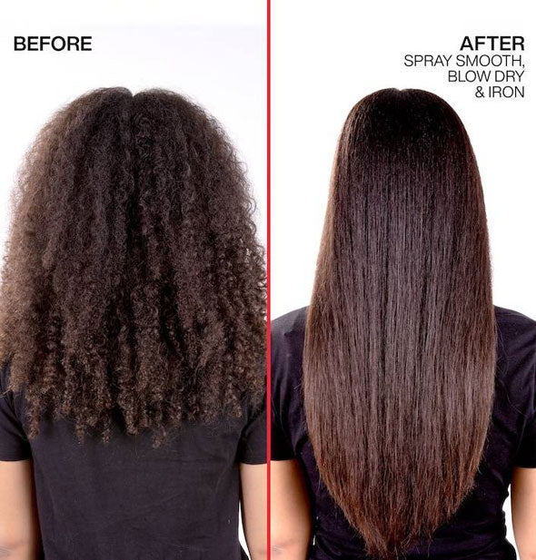 Side-by-side comparison of model's hair before and after using Redken Spray Smooth with blow dry and iron