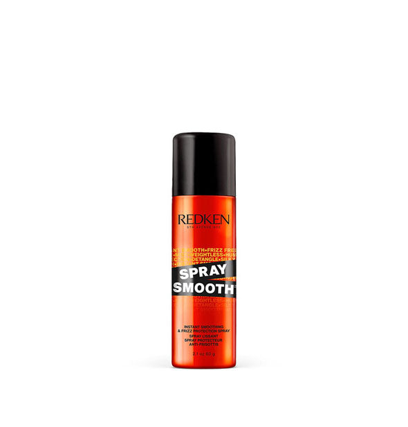 Red 2 ounce travel size can of Redken Spray Smooth with black cap and design accents