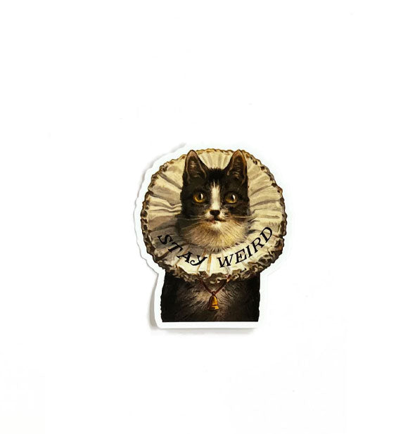 Sticker with image of a wide-eyed black and white cat wearing a large, frilly collar says, "Stay Weird"
