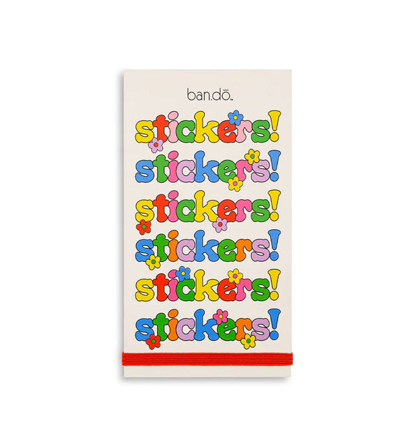 Rectangular white booklet cover with ban.do logo at top says, "Stickers!" repeated six times in colorful, daisy-accented lettering