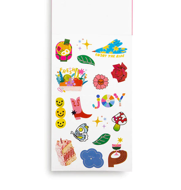 Sticker sheet booklet page features an assortment of colorful themed designs and phrases