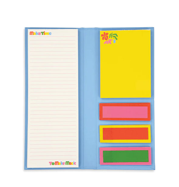 Folio interior features an elongated rectangular lined pad with colorful lettering at top and bottom, a medium-sized yellow pad with colorful floral detail, and three sets of color blocked sticky tabs