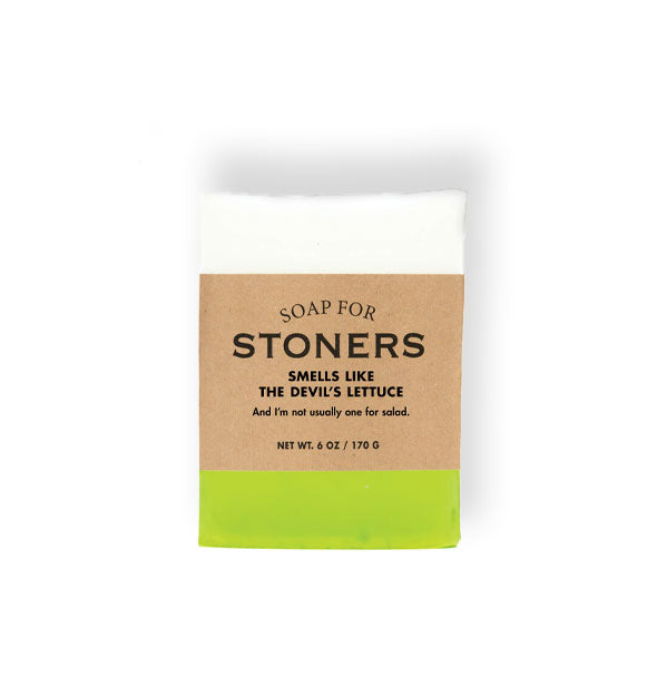 Bar of Soap for Stoners (Smells Like the Devil's Lettuce) is green and white and wrapped in brown paper with black lettering