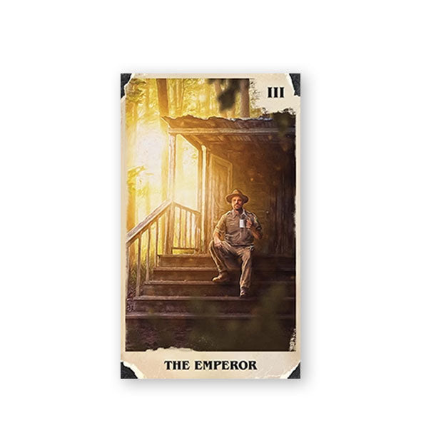 The Emperor card from the Stranger Things Tarot Deck featuring illustration of police Chief Jim Hopper sitting on porch stairs