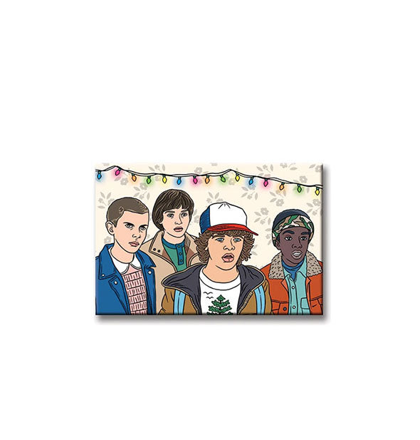 Rectangular magnet featuring illustration of the kids from Stranger Things under a string of colored lights