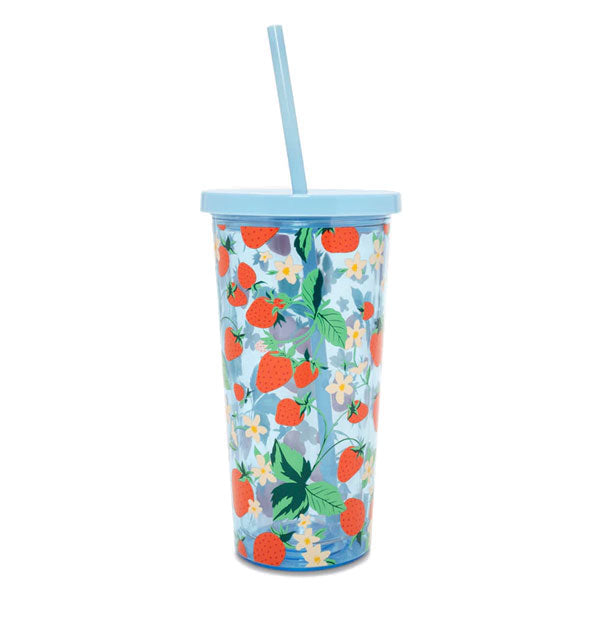 Clear drink tumbler with blue lid and straw features all-over print of strawberries, flowers, and leaves