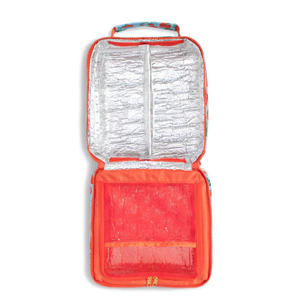 Opened square lunch bag shows half red and half silver insulated interior