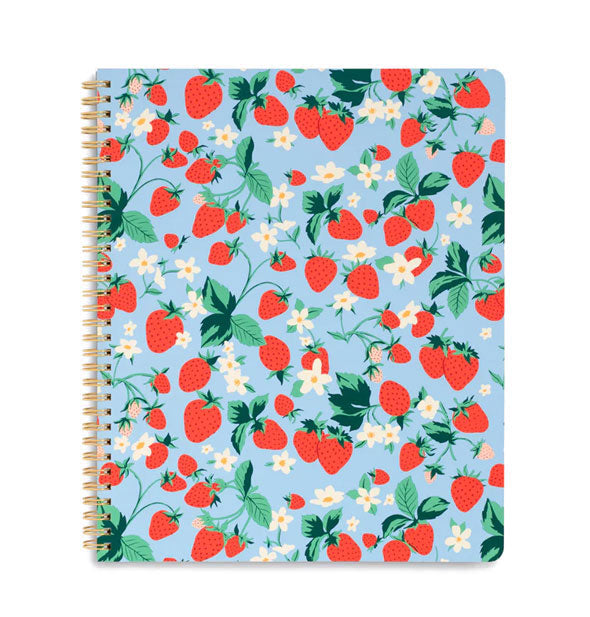 Blue wire-bound notebook with red strawberries, white flowers, and green leaves design