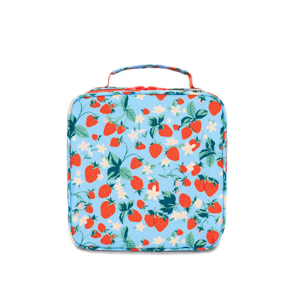 Square blue lunch bag with top handle features all-over strawberry vine design in red, green, and white