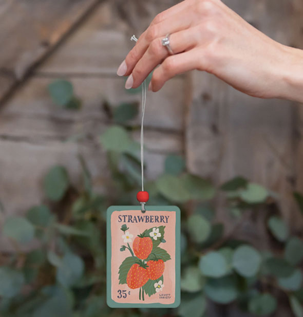 Model's hand holds a Strawberry seeds pack air freshener from its string against a botanical and wood backdrop