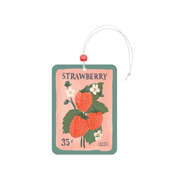Rectangular air freshener on white string with red accent bead features an illustrated design meant to resemble a packet of 35-cent strawberry seeds