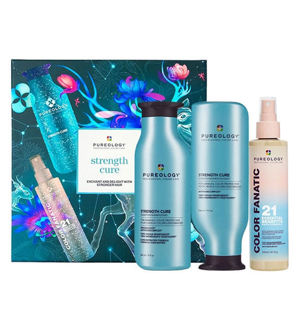 Contents of the Pureology Strength Cure kit with box: Strength Cure Shampoo, Strength Cure Conditioner, and Color Fanatic Multi-Tasking Leave-In Spray