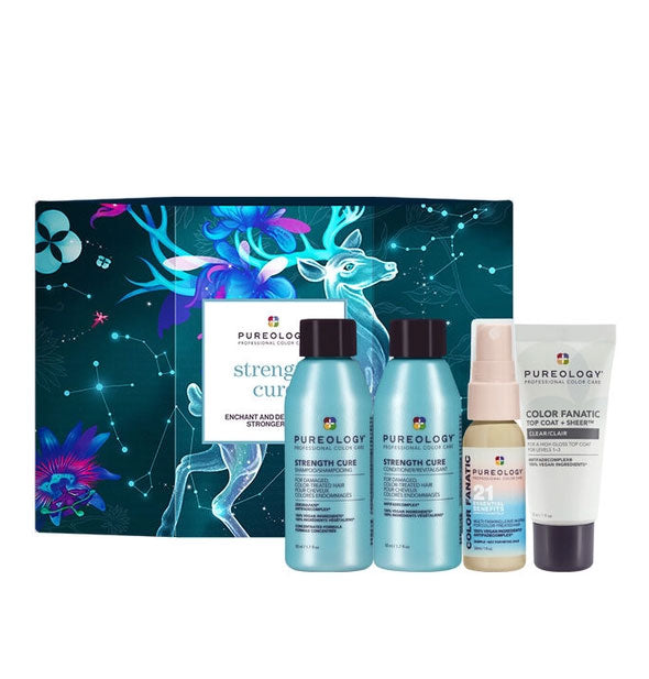 Contents of Pureology Strength Cure mini kit with box: travel size Strength Cure Shampoo, Strength Cure Conditioner, Color Fanatic Multi-Tasking Leave-In Spray, and Color Fanatic Top Coat + Sheer clear glossing treatment