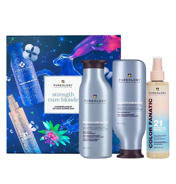 Contents of the Pureology Strength Cure Blonde kit with box: Strength Cure Blonde Shampoo, Strength Cure Blonde Conditioner, and Color Fanatic Multi-Tasking Leave-In Spray