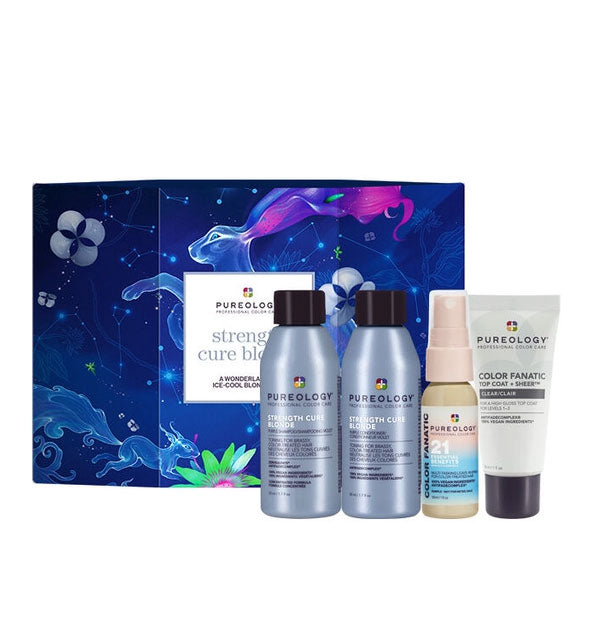 Contents of the Pureology Strength Cure Blonde mini kit with box: travel size Strength Cure Blonde Shampoo, Strength Cure Blonde Conditioner, Color Fanatic Multi-Tasking Leave-In Spray, and Color Fanatic Top Coat + Sheer glossing treatment