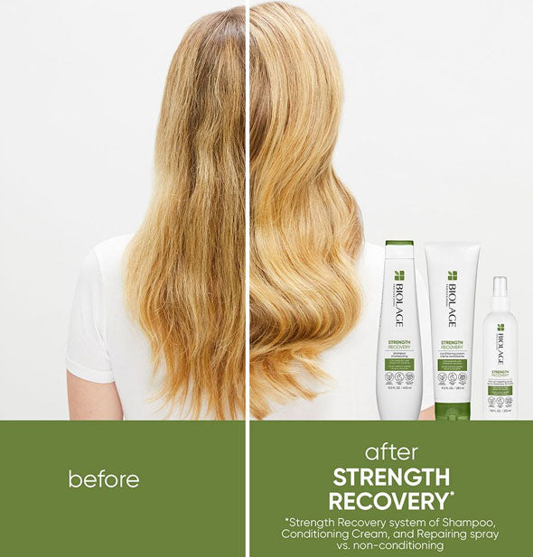 Side-by-side comparison of model's hair before and after using the Biolage Strength Recovery system