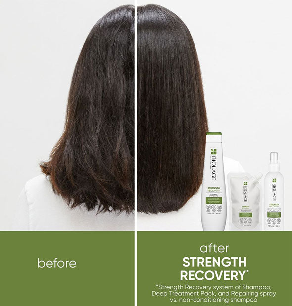 Side-by-side comparison of model's hair before and after using the Biolage Strength Recovery system