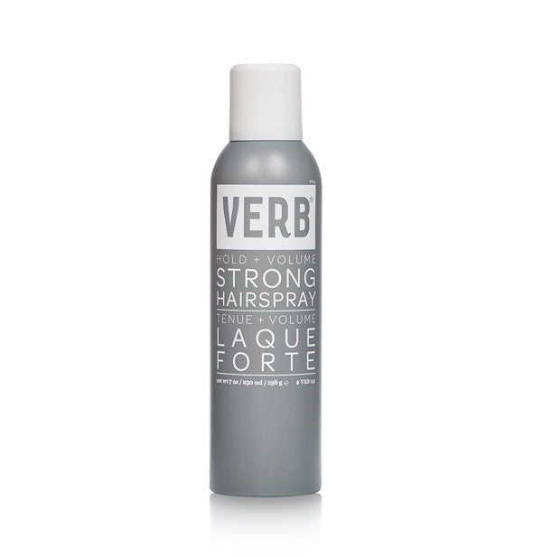 Gray 7 ounce can of Verb Strong Hairspray with white cap and lettering