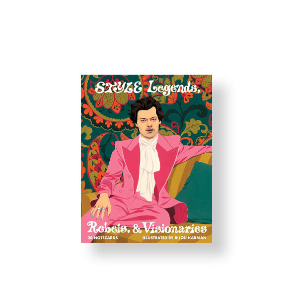 Style Legends, Rebels, & Visionaries set of 20 notecards features a colorful illustrated portrait of Harry Styles