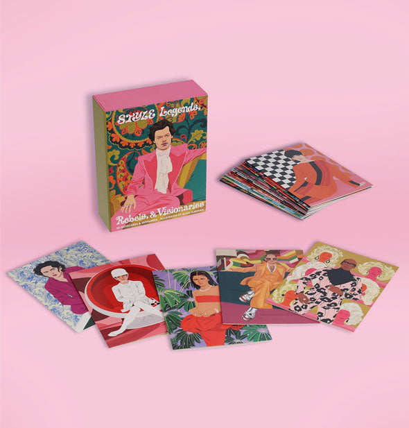 Style Legends, Rebels, & Visionaries Notecard Deck box and contents spread out  on a pink surface
