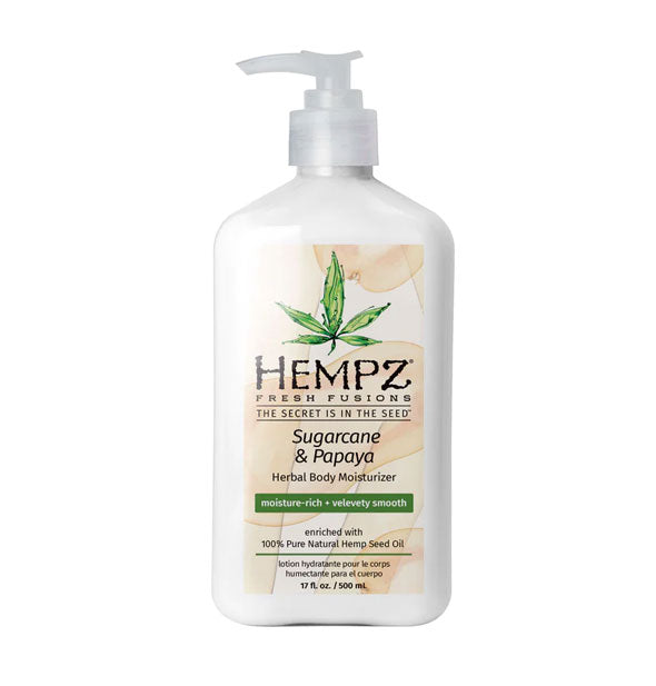 White 17 ounce bottle of Hempz Fresh Fusions Sugarcane & Papaya Herbal Body Moisturizer with peach-colored swirls and green design accents
