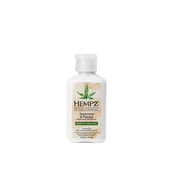 White 2.25 ounce bottle of Hempz Fresh Fusions Sugarcane & Papaya Herbal Body Moisturizer with peach-colored swirls and green design accents