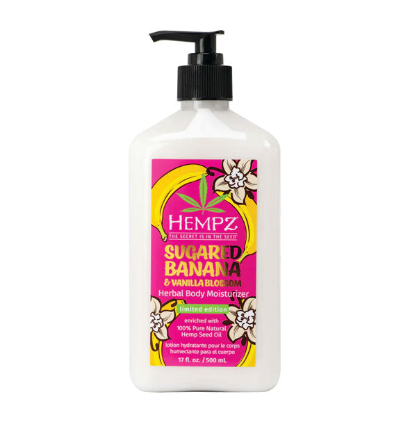 17 ounce bottle of Hempz Sugared Banana & Vanilla Blossom Herbal Body Moisturizer with a pink label accented by yellow bananas and white tropical flowers