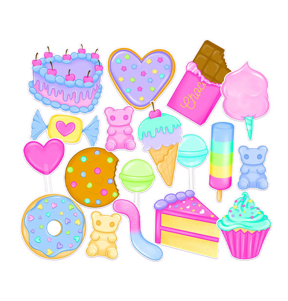 Set of 18 stickers depicting various sweet treats, like cake, chocolate, candy, cookies, and cupcakes