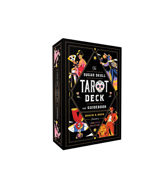 The Sugar Skull Tarot Deck and Guidebook box with colorful illustrations on a black background