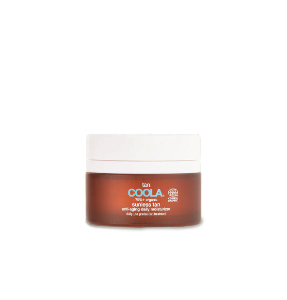 Brown glass pot of Coola Sunless Tan Anti-Aging Daily Moisturizer with white lid