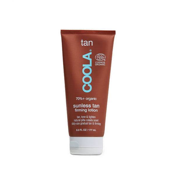 Brown 6 ounce bottle of Coola Sunless Tan Firming Lotion with white and blue lettering and white cap