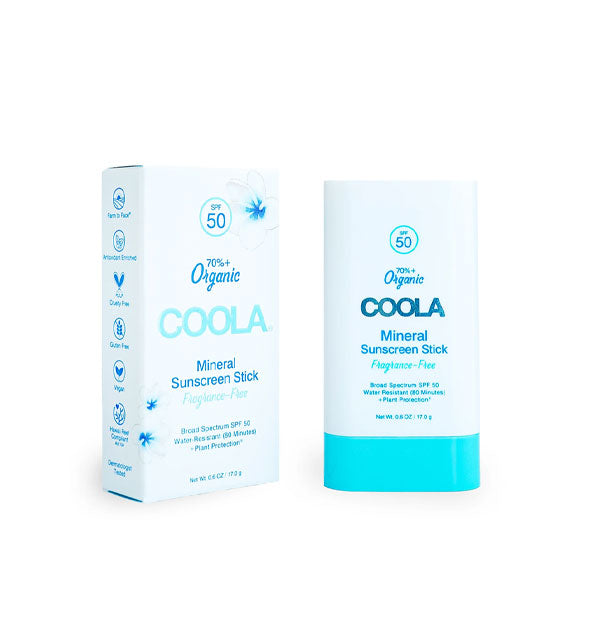 White and blue tube and box of Coola Mineral Sunscreen Stick