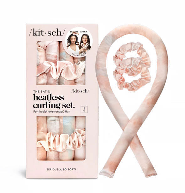 The Satin Heatless Curling Set by Kitsch with contents shown: soft curling rod and two scrunchies in pastel tie-dye