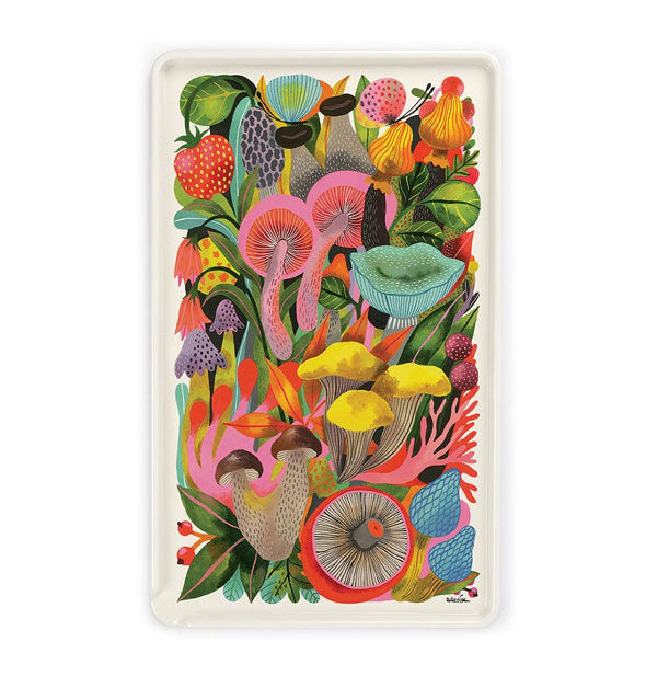 Rectangular white tray with all-over colorful mushroom and botanical artwork