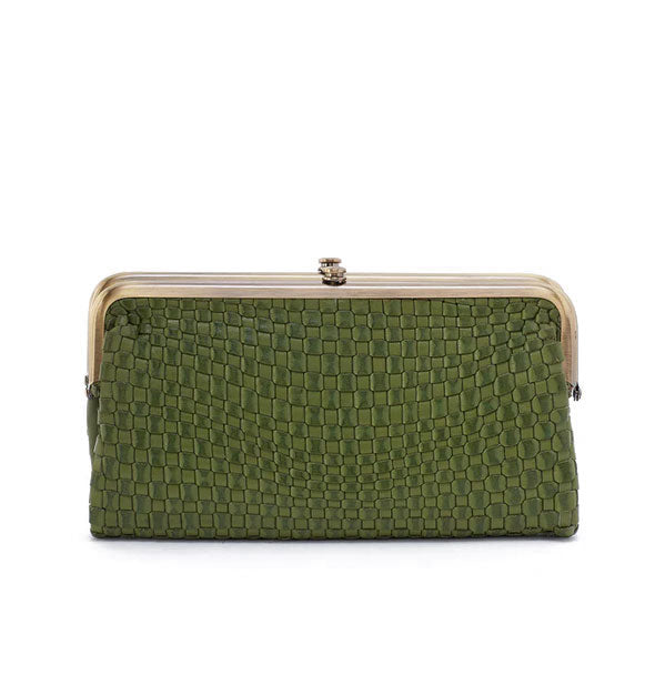 Green woven leather wallet with gold-toned frame hardware