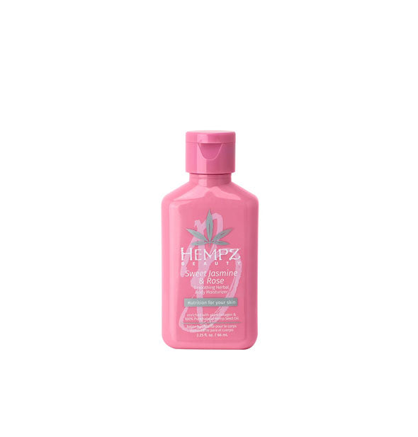 Pink 2.25 ounce bottle of Hempz Sweet Jasmine & Rose Smoothing Herbal Body Moisture with white and silver lettering and design accents