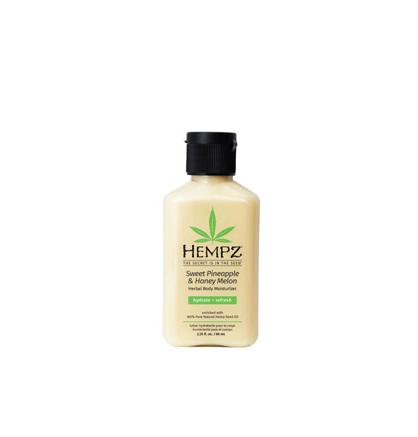 Yellow 2.25 ounce bottle of Hempz Sweet Pineapple & Honey Melon Herbal Body Moisturizer with black cap and lettering and green design accents