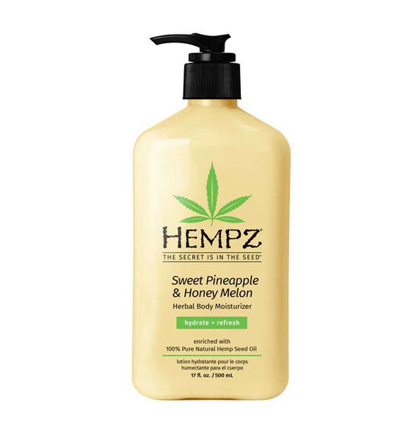 Yellow 17 ounce bottle of Hempz Sweet Pineapple & Honey Melon Herbal Body Moisturizer with black cap and lettering and green design accents