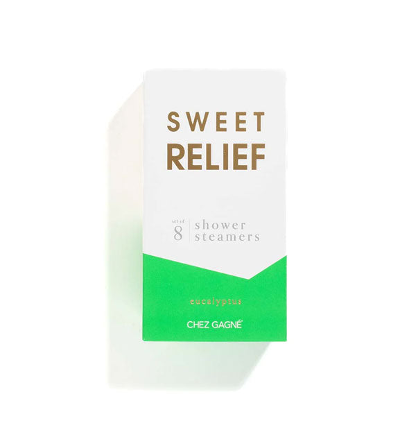 Green and white box of Sweet Relief shower steamers with gold foil lettering