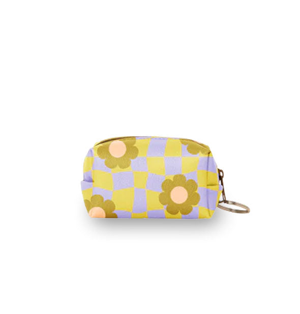 Mini zipper pouch attached to keyring features olive and periwinkle wavy checker print accented with dark olive green and pastel coral daisies