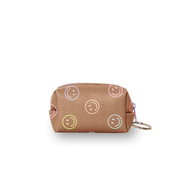 Brown vegan leather mini pouch with zipper and keyring features all-over multicolored pastel smiley faces