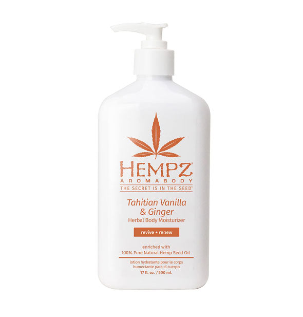 White 17 ounce bottle of Hempz Aromabody Tahitian Vanilla & Ginger Herbal Body Moisturizer with orange lettering and design accents