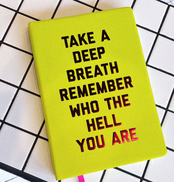 Take a Deep Breath Remember Who the Hell You Are journal on white tiled surface