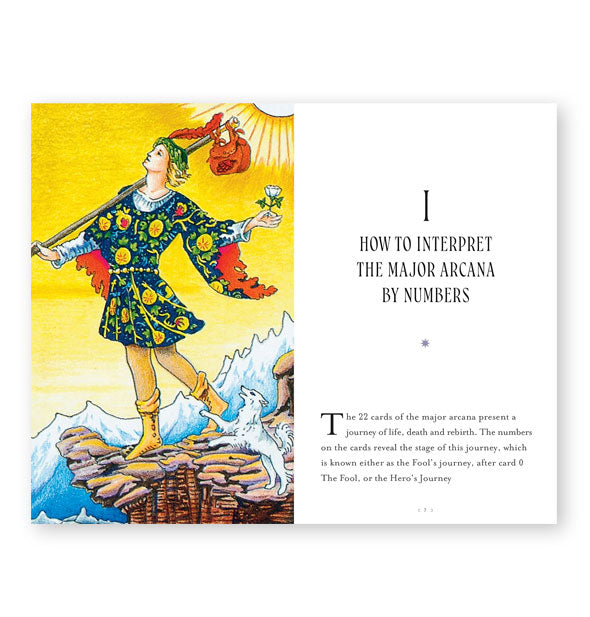 Page spread from Tarot by Numbers features the first chapter, titled, "How to Interpret the Major Arcana by Numbers" alongside tarot illustration